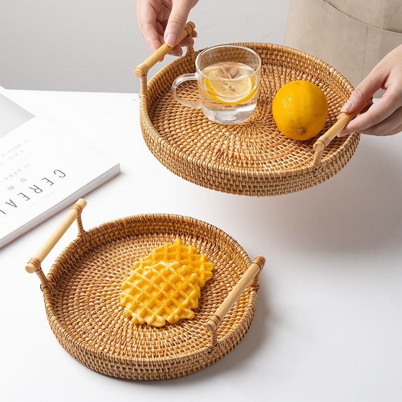 Rattan Tray Bread Fruit Dessert Double Handle Portable Picnic Basket Storage Basket